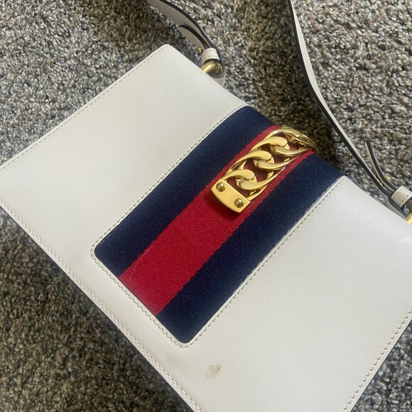Authentic Gucci Sylvie Small Shoulder Bag Leather Red White Blue Stripe - Picture 5 of 6